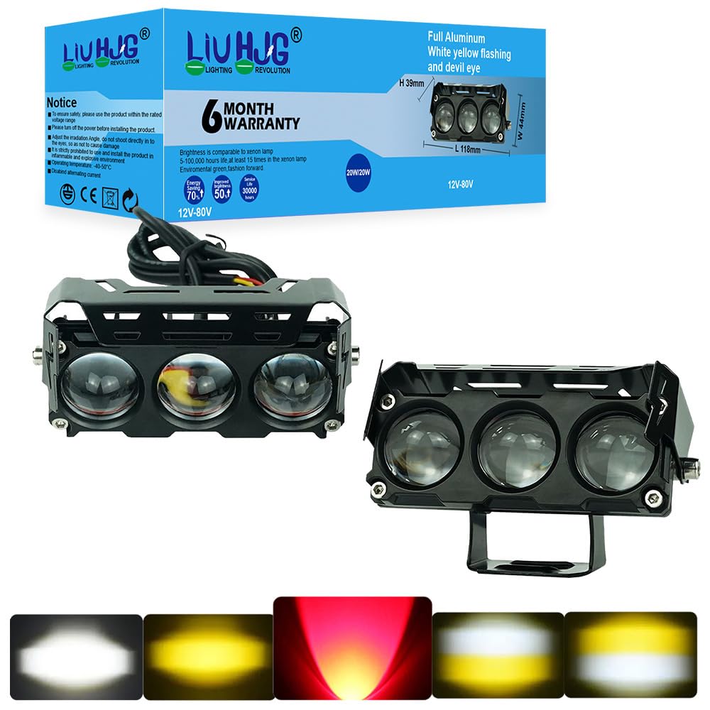 Liu Hjg 3 LED Fog Light for Bike & Car (12V–80V) | Dual Color White-Yellow with Devil Eye | Waterproof Aluminum Body | Universal Fit for Motorcycles, Scooters & Cars