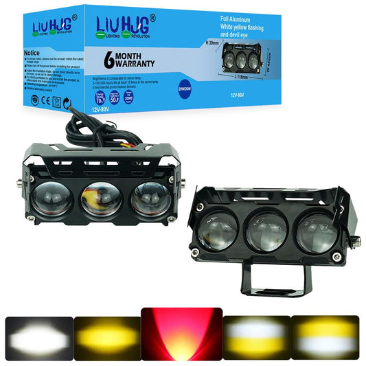 Liu Hjg 3 LED Fog Light for Bike & Car (12V–80V) | Dual Color White-Yellow with Devil Eye | Waterproof Aluminum Body | Universal Fit for Motorcycles, Scooters & Cars