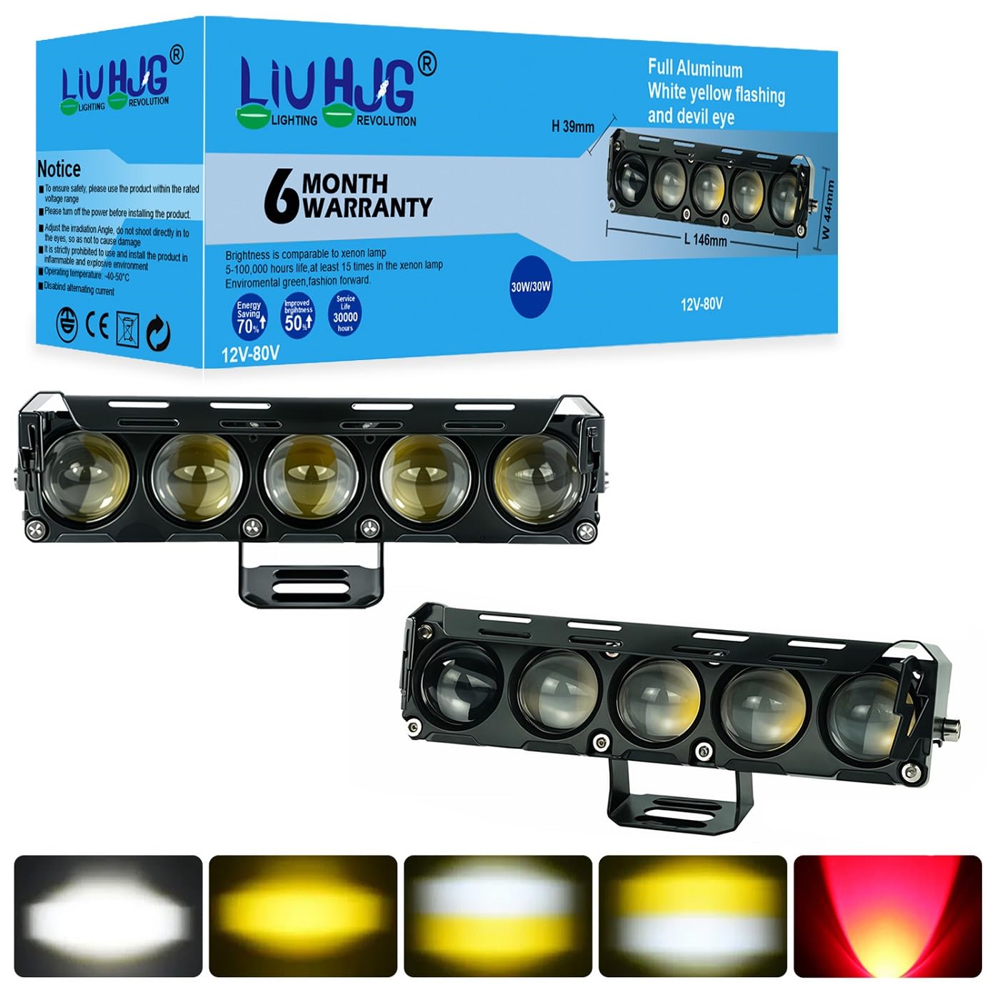 Liu HJG 5 LED Fog Light for Bike & Car (12V–80V) | Dual Color White & Yellow with Devil Eye | Waterproof Aluminum Body | Ultra Bright Spotlight for All Motorcycles, Scooters & Cars