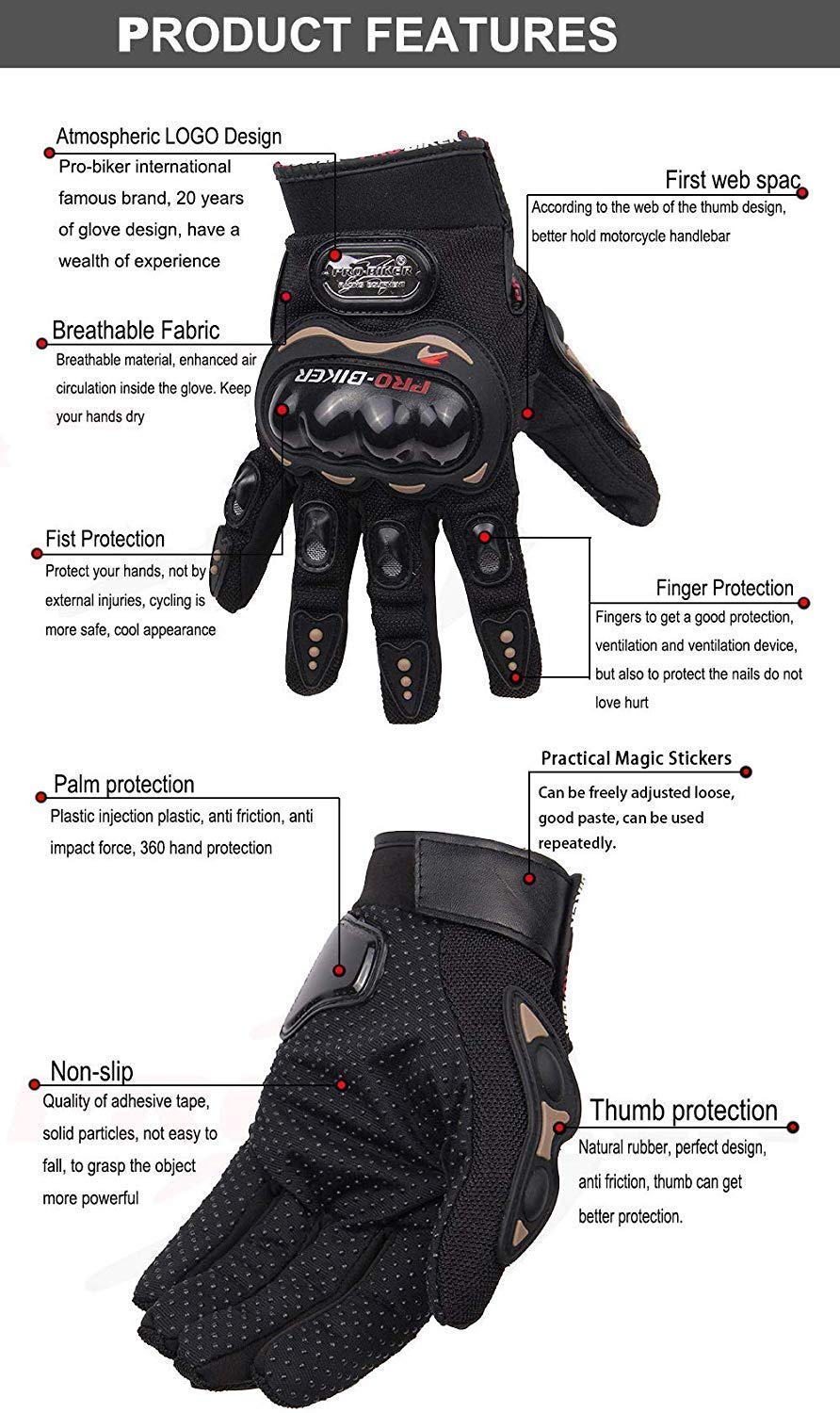 Pro-Biker Full Finger Motorcycle Riding Gloves | Anti-Slip, Shockproof, Breathable Protective Gear for Men & Women | Racing, Biking, Cycling Gloves with Knuckle Guard (Black)